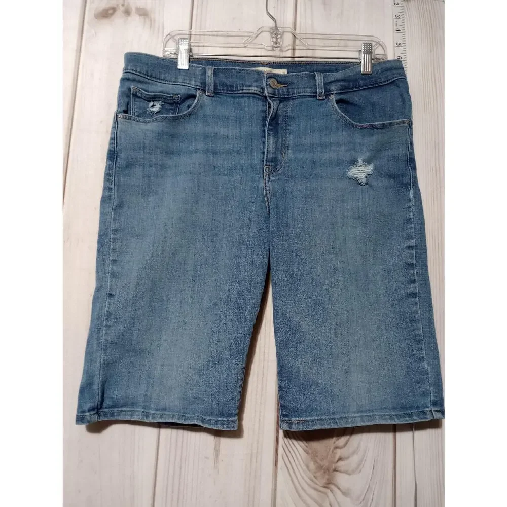 Levis Bermuda Shorts Womens 31 Medium Wash Distressed Denim Stretch Jean‎ Shorts